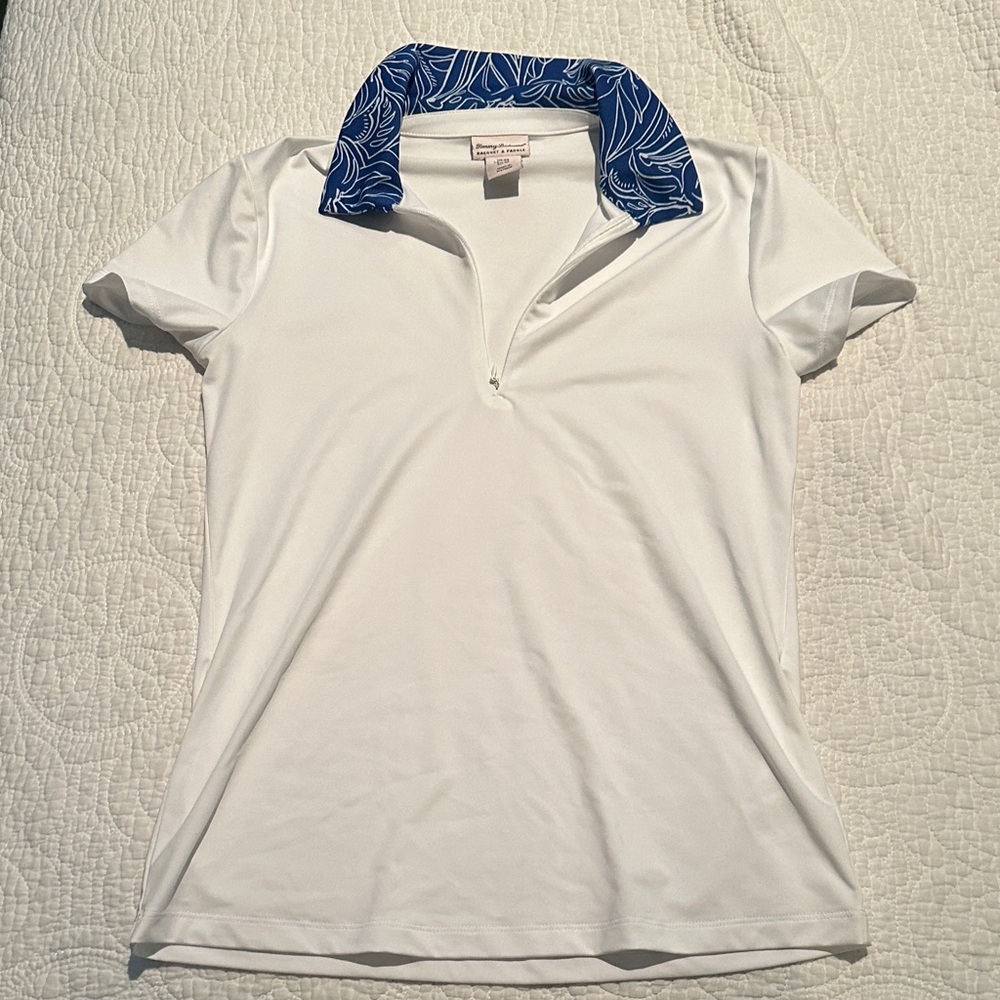 Tommy Bahama White 1/4 zip Shirt with tropical Blue Collar
